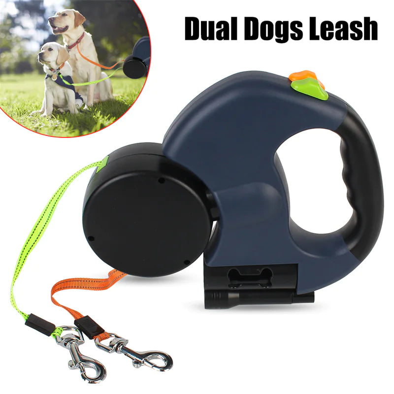 Laisse Rétractable Double pour Chien avec Lampe et Distributeur de Sacs – Promenade Facile &amp; Sécurisée 🐾