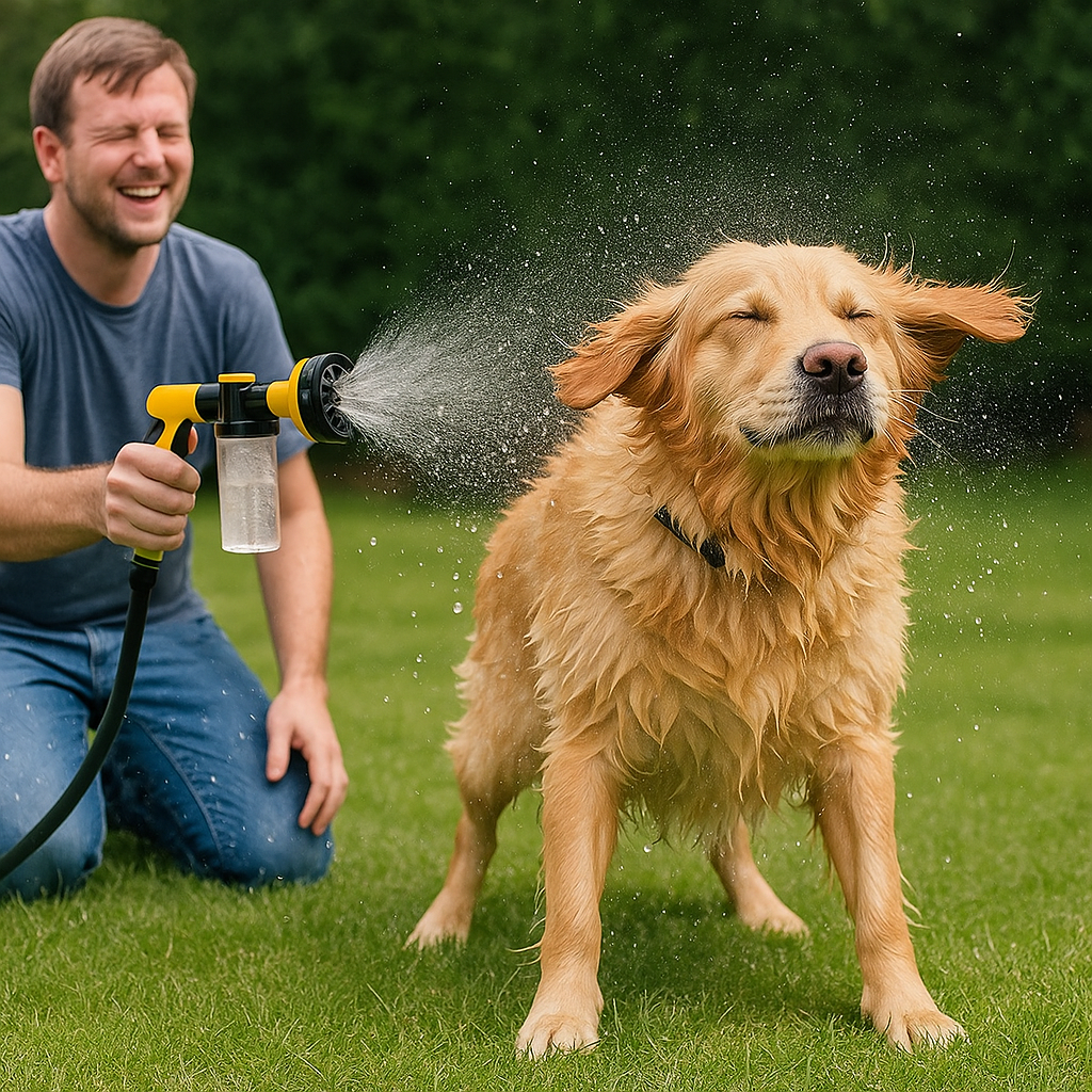 Jet Haute Pression Multifonction pour Chien – Brosse de Bain + Peigne de Toilettage + Réservoir de Shampoing