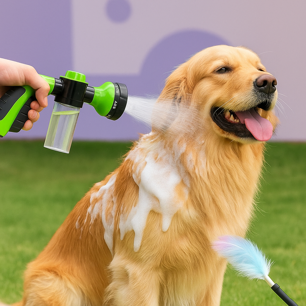 Jet Haute Pression Multifonction pour Chien – Brosse de Bain + Peigne de Toilettage + Réservoir de Shampoing